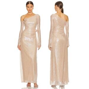 LPA Aniella Sequined Lace Gown Rosette One Shoulder Formal Party Champagne S